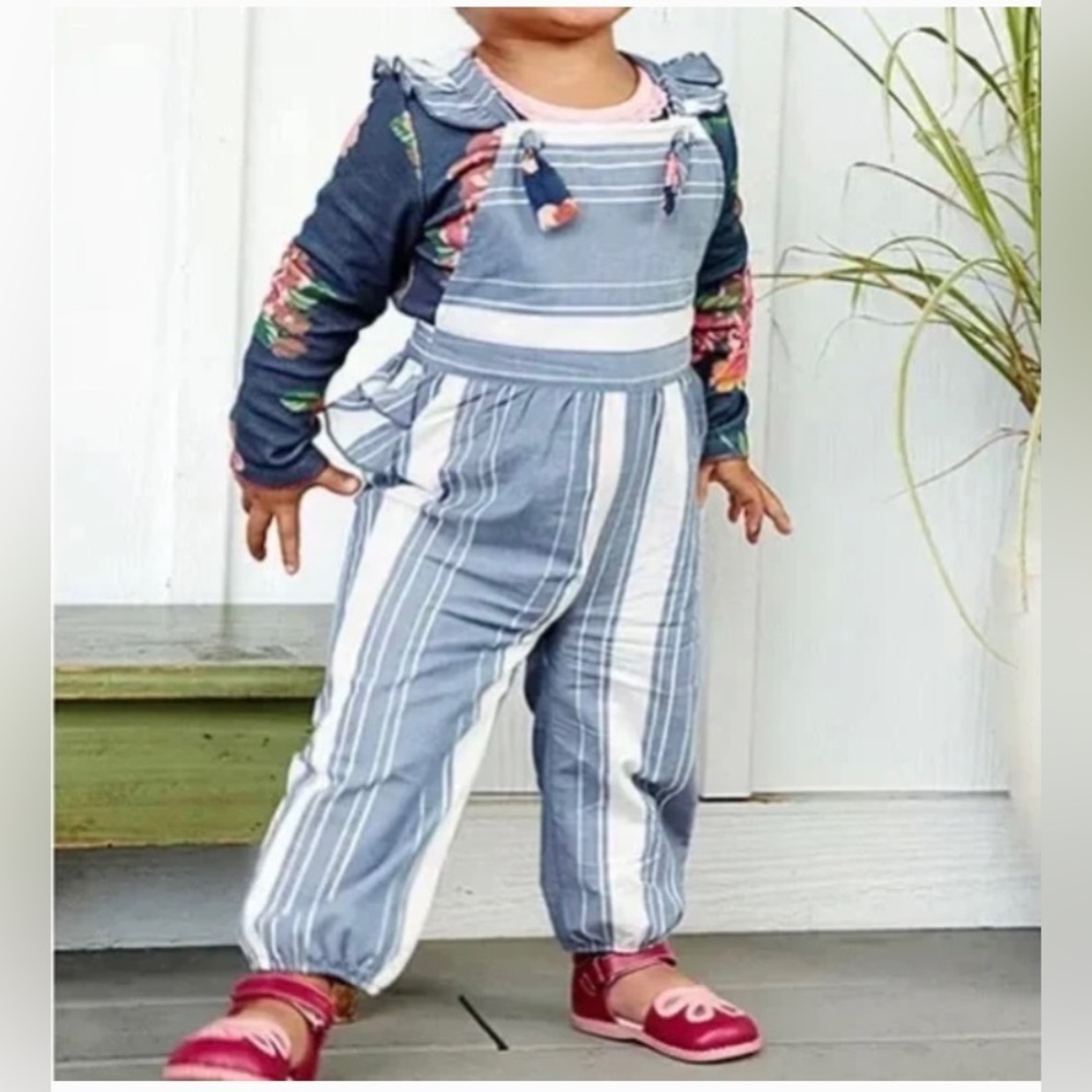 Matilda Jane X Joanna Gaines Romper Blue & White Striped W/Floral Jumpsuit Sz 12